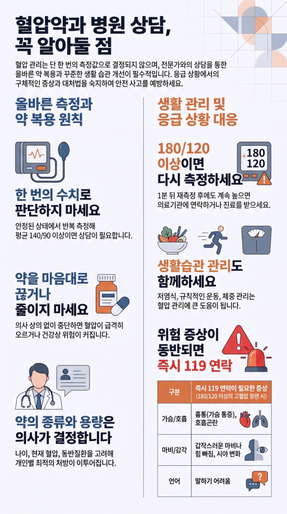 혈압약 복용 주의사항과 응급 증상 안내 인포그래픽