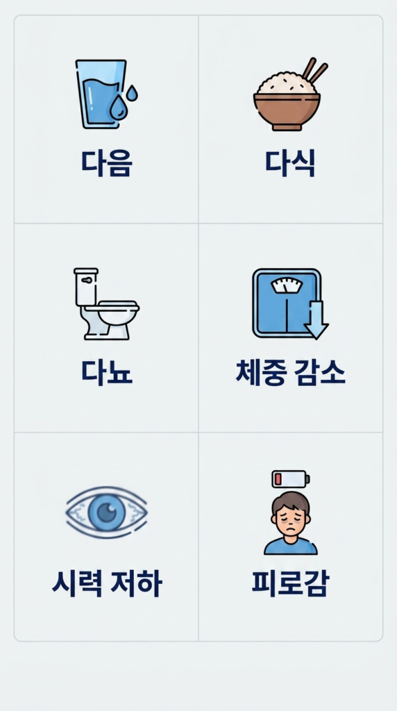 다음, 다식, 다뇨, 체중 감소, 시력 저하, 피로감을 아이콘으로 정리한 인포그래픽