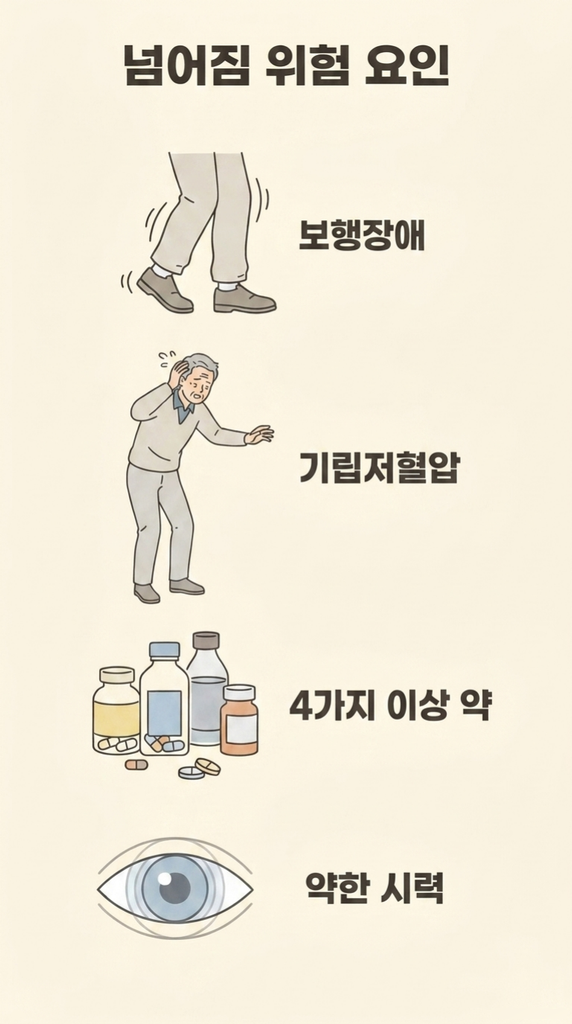 보행장애, 기립저혈압, 4가지 이상 약, 맞지 않는 신발, 약한 시력을 그린 넘어짐 위험 요인 인포그래픽