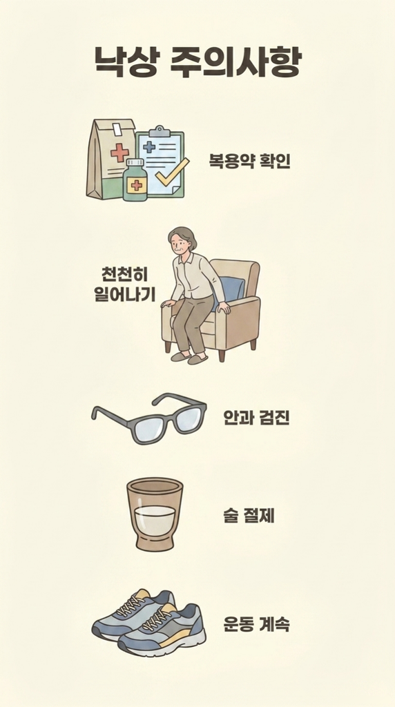 복용약 확인, 천천히 일어나기, 술 절제, 안과 검진, 운동 계속을 정리한 낙상 주의사항 인포그래픽
