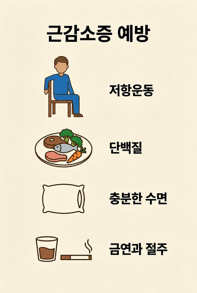 근감소증 예방을 위한 저항운동, 단백질 섭취, 충분한 수면, 금연과 절주를 보여주는 인포그래픽