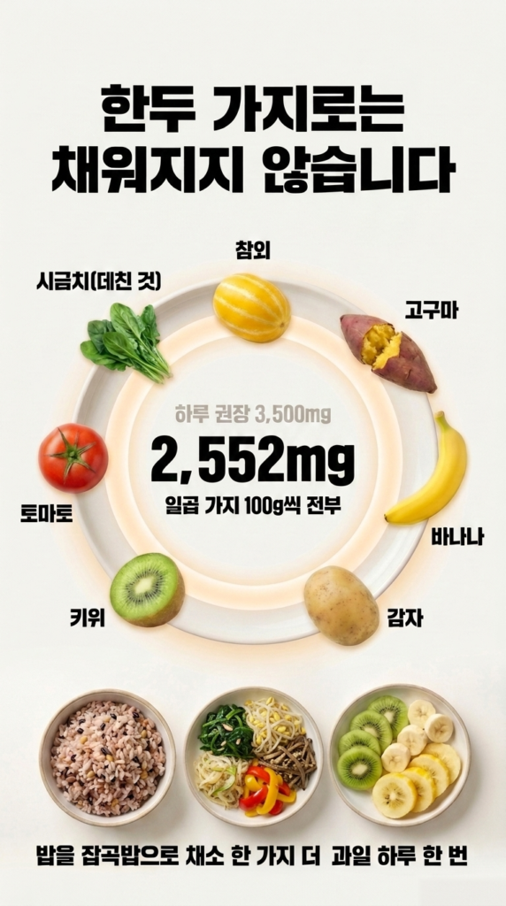 접시 둘레에 시금치, 참외, 고구마, 바나나, 감자, 키위, 토마토를 놓고 가운데에 2,552mg과 하루 권장 3,500mg을 적은 그림. 일곱 가지를 100g씩 모두 먹어도 하루 권장량에 못 미친다는 것을 보여준다.