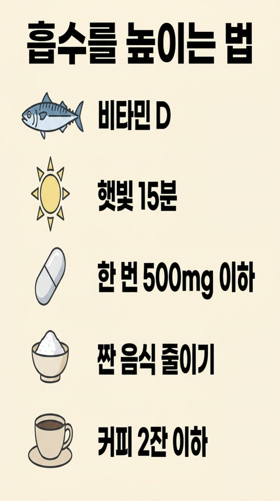 비타민 D, 햇빛 15분, 한 번 500mg 이하 섭취, 짠 음식 줄이기, 커피 2잔 이하로 칼슘 흡수를 높이는 방법을 정리한 인포그래픽

