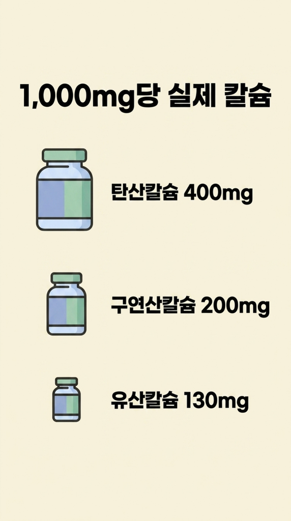 탄산칼슘 400mg, 구연산칼슘 200mg, 유산칼슘 130mg의 실제 칼슘 함량을 비교한 인포그래픽

