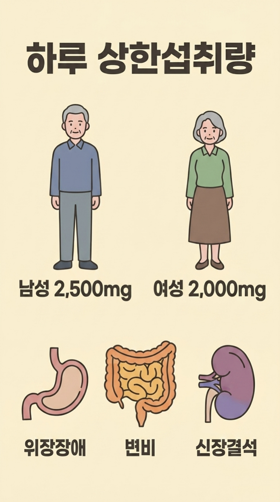 남성과 여성의 하루 칼슘 상한섭취량과 위장장애, 변비, 신장결석 위험을 정리한 인포그래픽