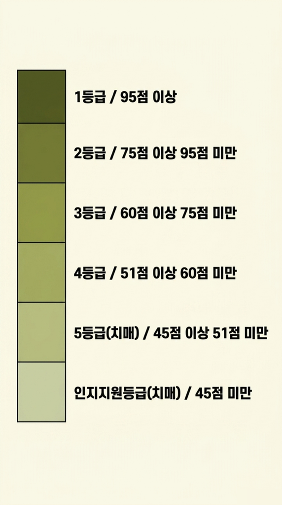 장기요양인정점수에 따른 1등급부터 5등급과 인지지원등급의 점수 구간을 세로 눈금으로 정리한 인포그래픽