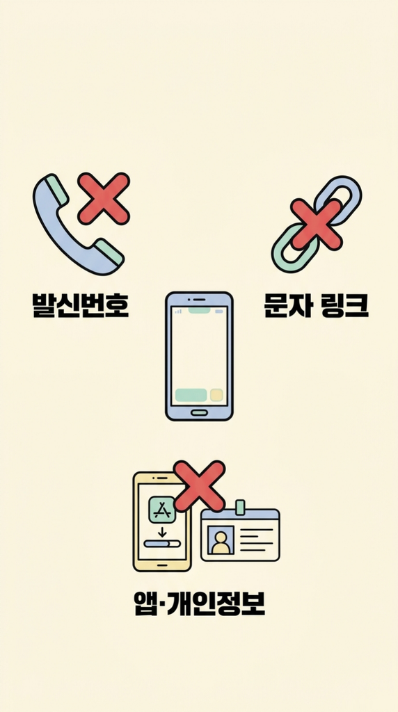 정부 사칭 문자를 구별할 때 발신번호, 문자 링크, 앱 설치와 개인정보 요구를 확인하는 안내