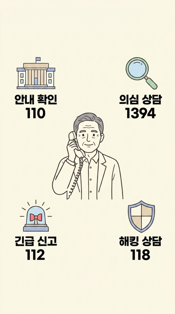정부 사칭 문자 안내 확인 110, 의심 상담 1394, 긴급 신고 112, 해킹 상담 118