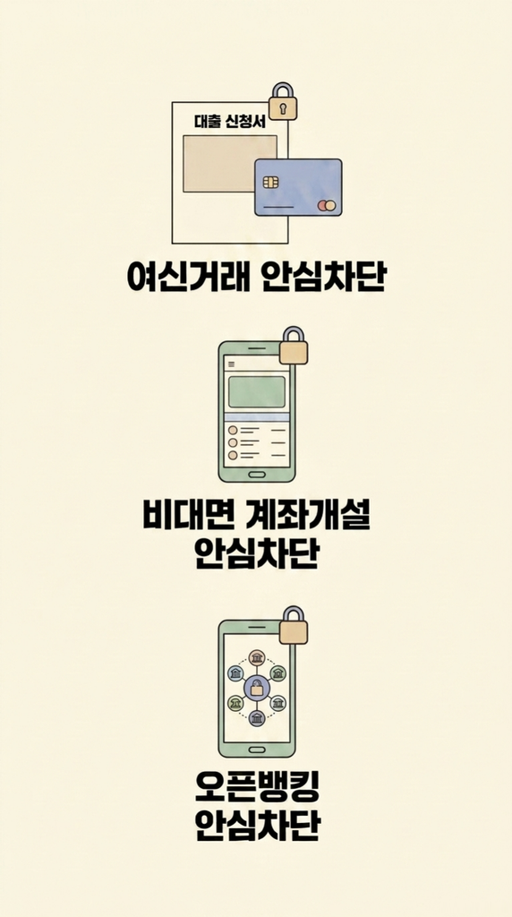 금융사기 예방을 위한 여신거래 안심차단, 비대면 계좌개설 안심차단, 오픈뱅킹 안심차단