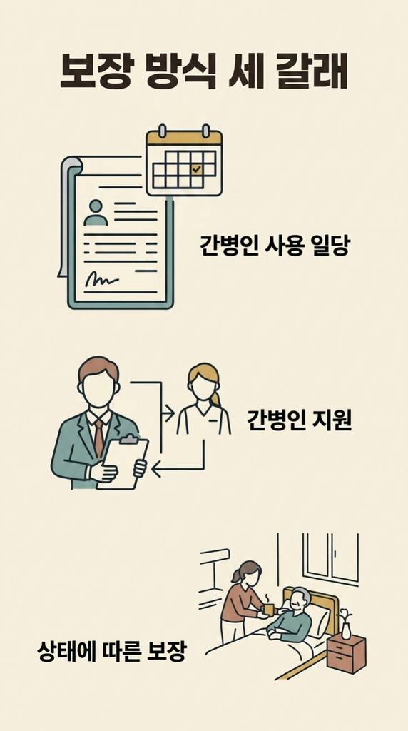 간병인 사용 일당, 간병인 지원, 상태에 따른 보장 세 가지를 정리한 간병보험 비교 인포그래픽