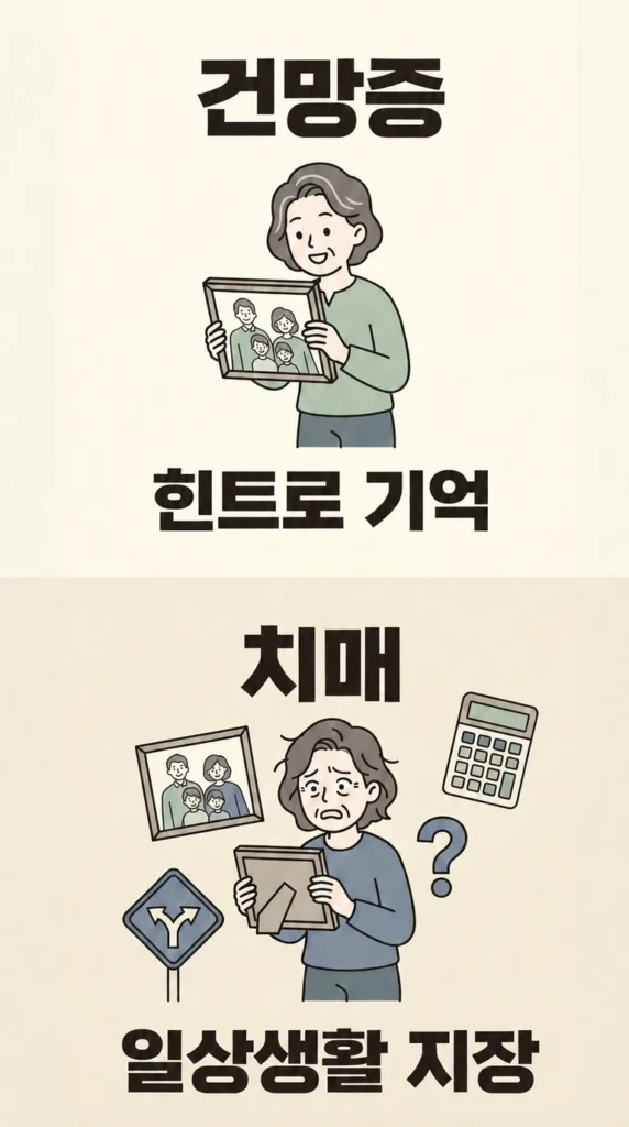 건망증은 힌트로 기억하지만 치매는 일상생활에 지장을 줄 수 있음을 비교한 인포그래픽