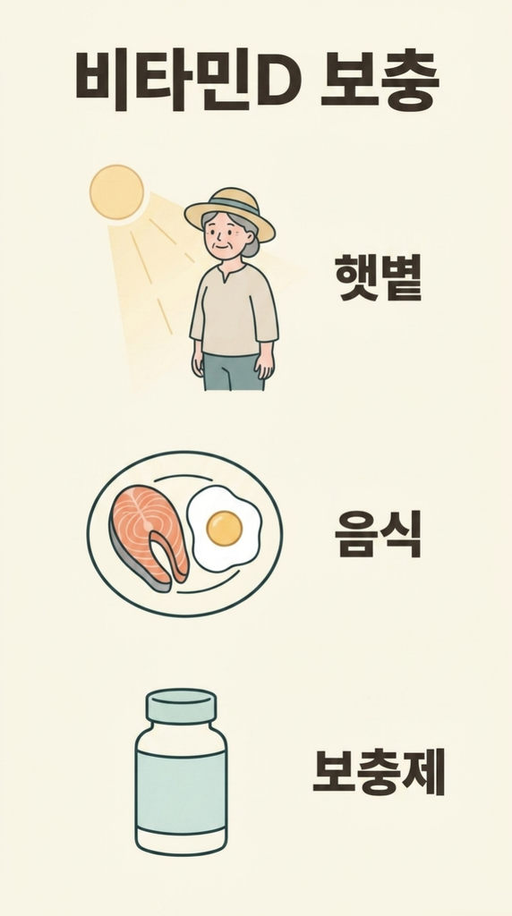 비타민D 보충 방법인 햇볕, 음식, 보충제를 그림으로 정리한 인포그래픽