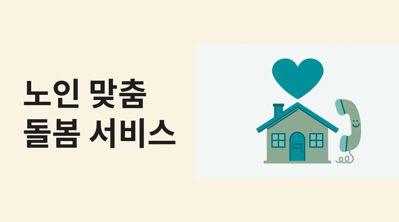 노인 맞춤 돌봄 서비스 문구와 집·하트·전화기 그림