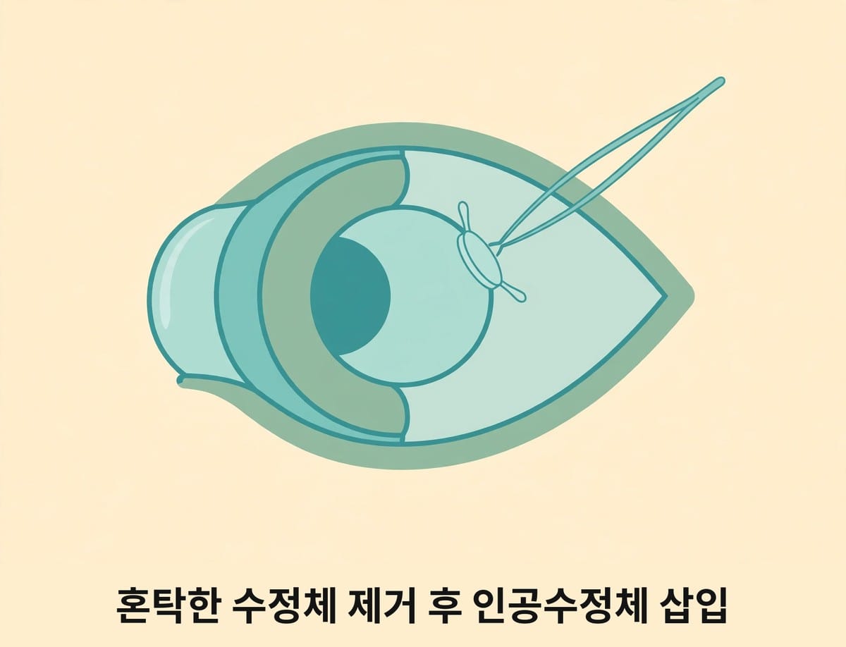 눈 단면과 인공수정체 삽입으로 백내장 수술 방법을 나타내는 그림