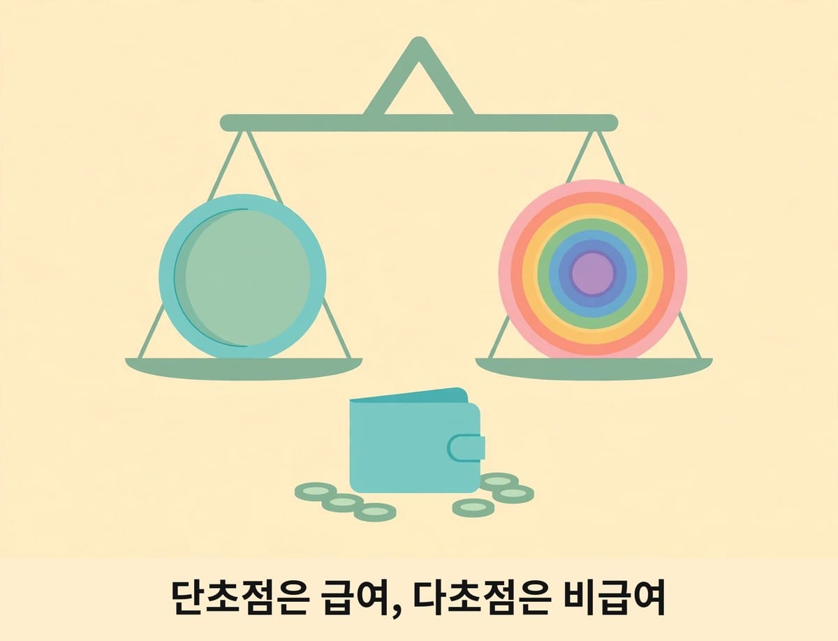 저울 위 단초점 렌즈와 다초점 렌즈, 지갑 그림으로 급여와 비급여를 나타내는 그림
