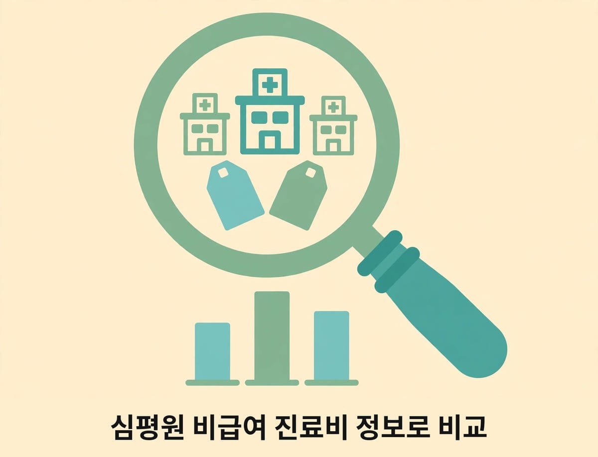 돋보기와 병원, 가격표 그림으로 비급여 진료비 비교를 나타내는 그림