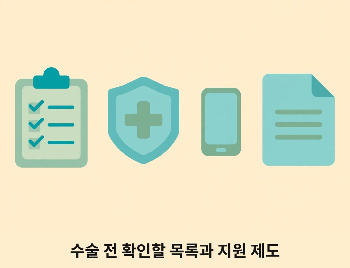 체크리스트와 방패, 서류 그림으로 수술 전 확인할 항목을 나타내는 그림