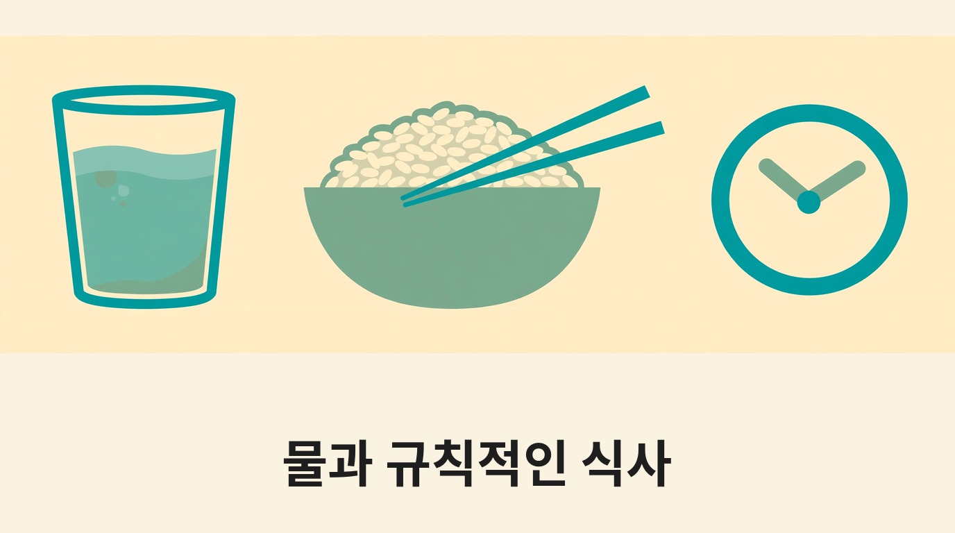 물컵과 밥그릇, 시계로 물과 규칙적인 식사를 나타내는 그림