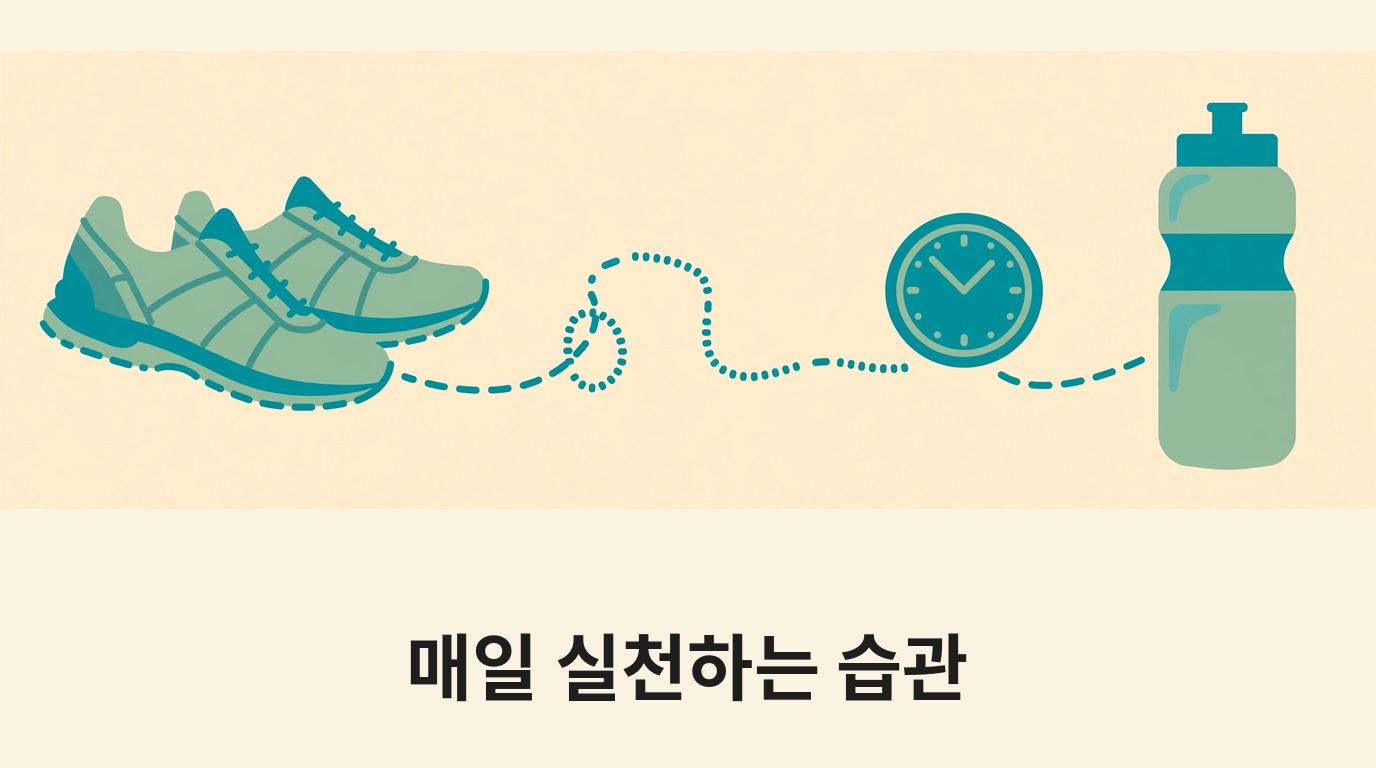 운동화와 물병, 시계로 매일 실천하는 습관을 나타내는 그림