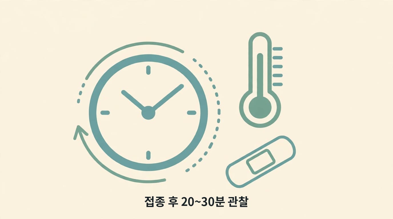 접종 후 관찰 시간을 나타내는 시계와 체온계, 반창고 그림