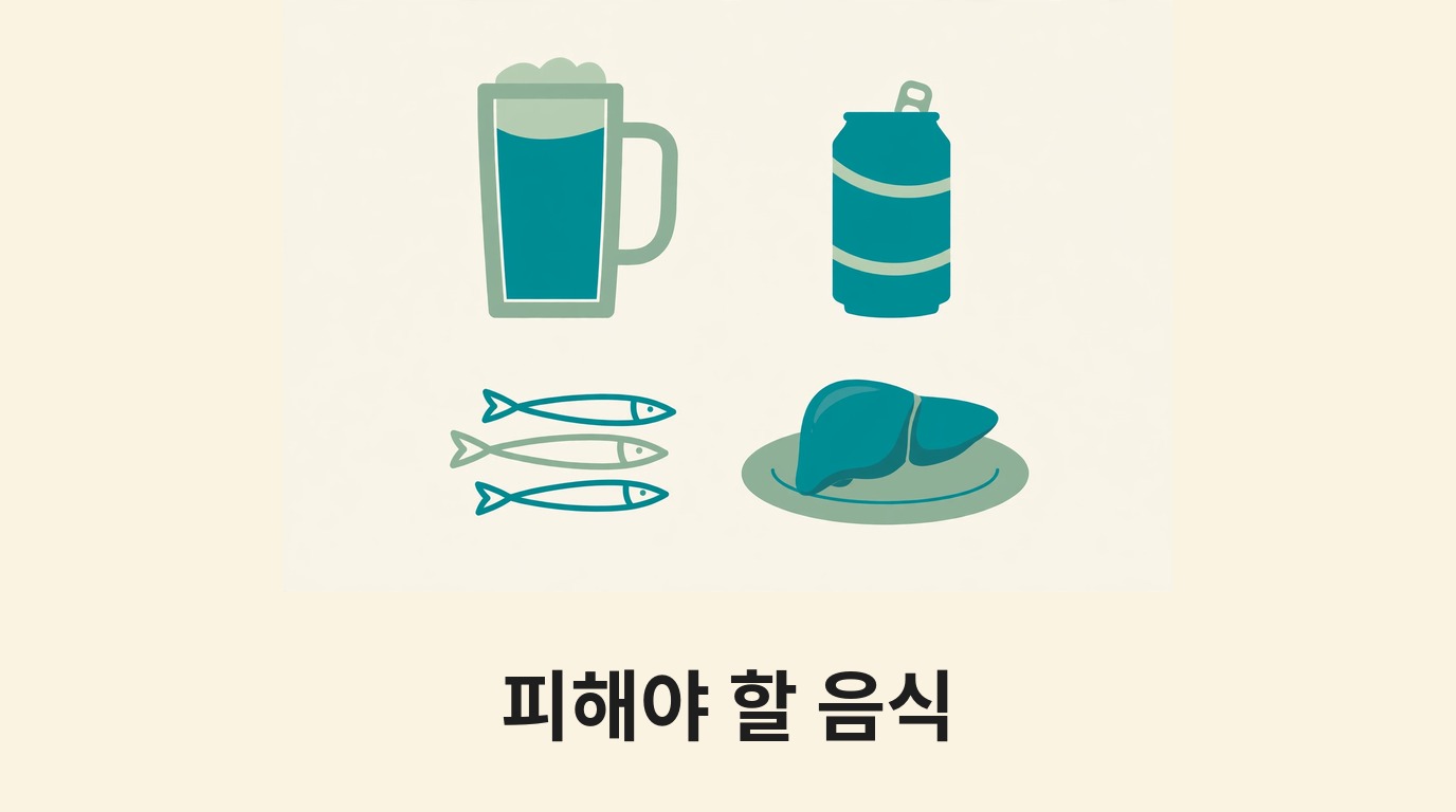 맥주·탄산음료·생선·내장 요리로 피해야 할 음식을 나타내는 그림