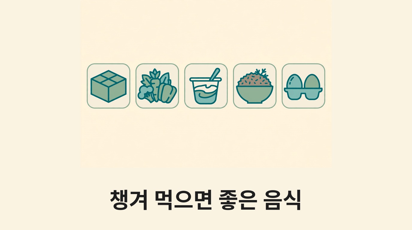 두부·채소·저지방 요거트·현미밥으로 권장 음식을 나타내는 그림
