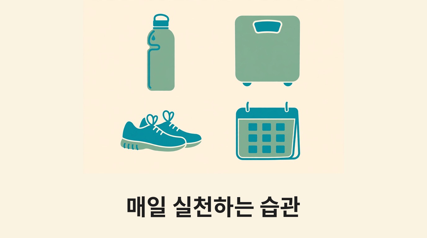 물병·체중계·운동화·달력으로 매일 실천하는 습관을 나타내는 그림