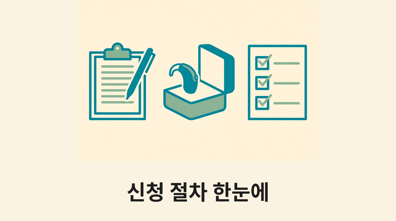처방전·보청기 상자·체크리스트로 신청 절차를 나타내는 그림
