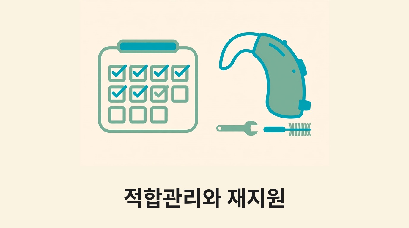 달력과 보청기 관리 도구로 적합관리와 재지원을 나타내는 그림