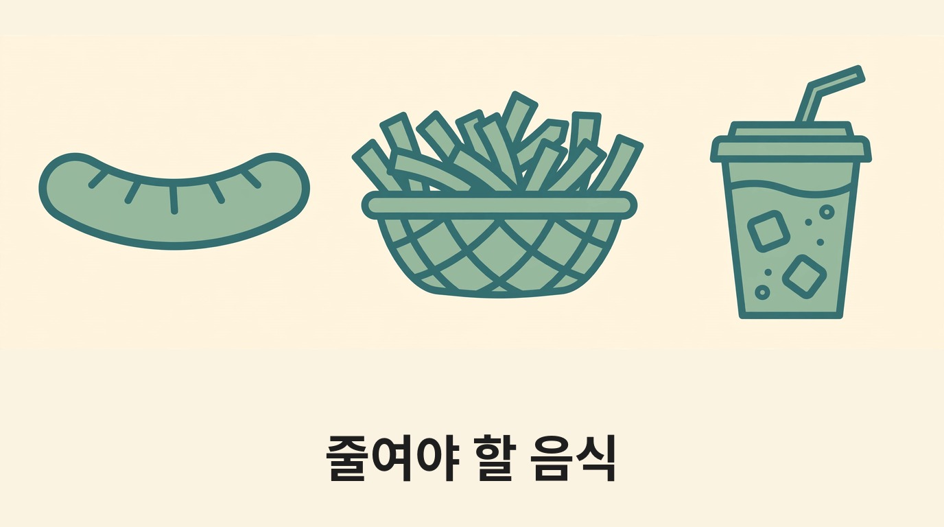 가공육·튀김·가당 음료로 줄여야 할 음식을 나타내는 그림