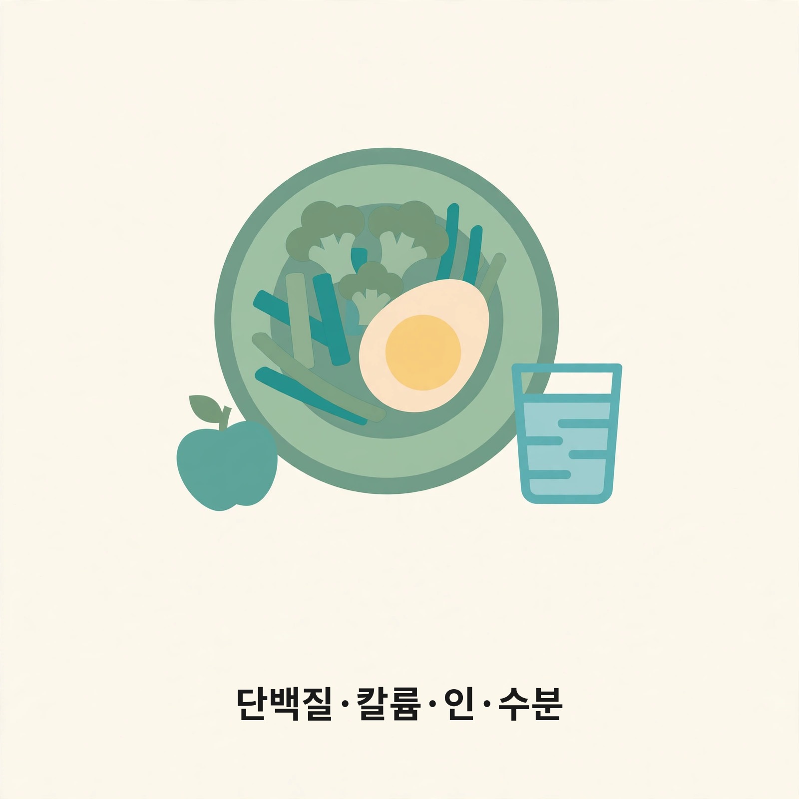 달걀과 데친 채소, 물컵, 사과로 단백질·칼륨·인·수분 조절을 나타내는 그림