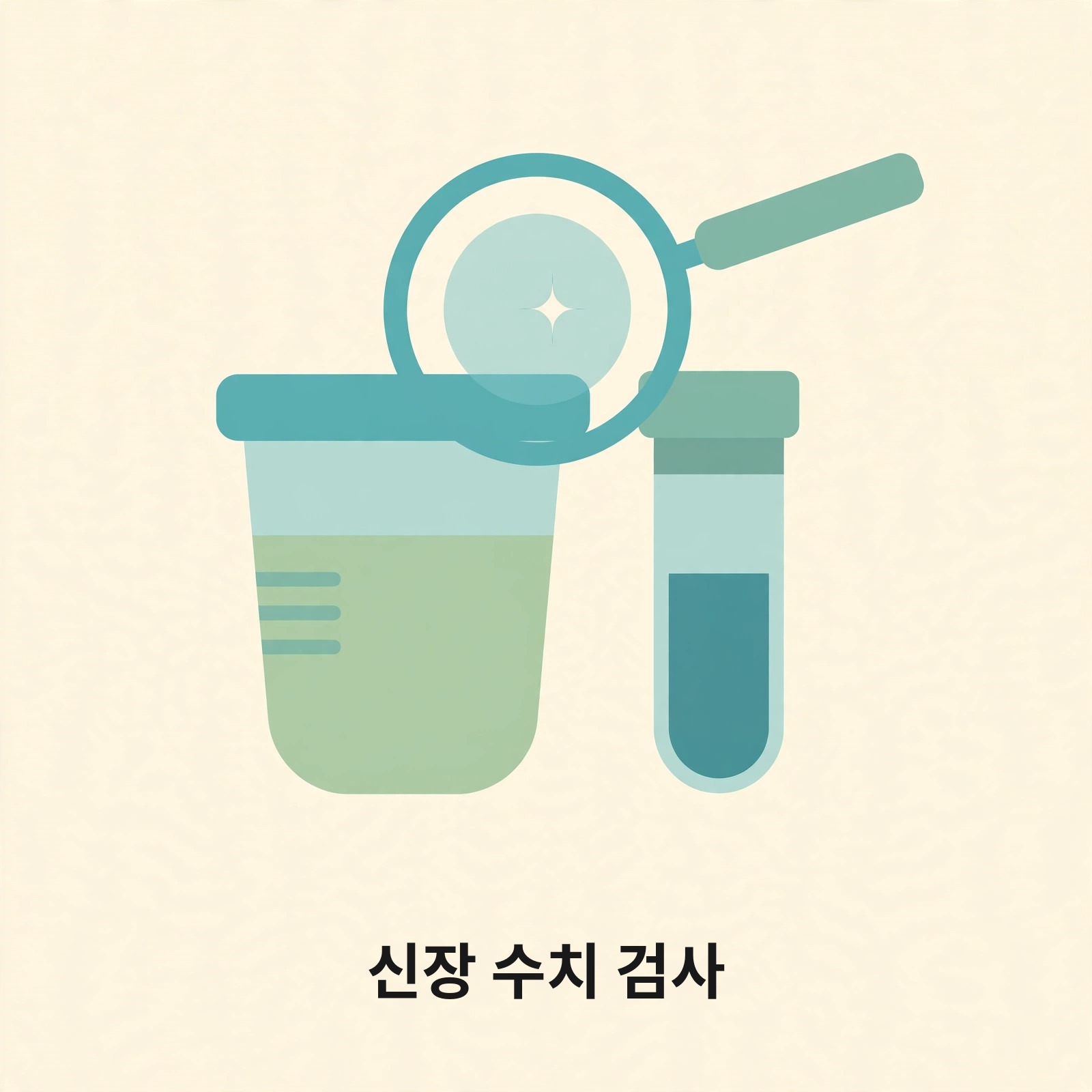 소변컵과 혈액 검사 통, 돋보기로 신장 수치 검사를 나타내는 그림
