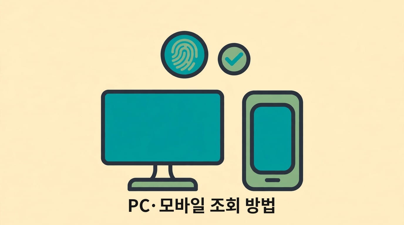컴퓨터와 스마트폰, 본인인증 표시로 연금 조회 방법을 나타내는 그림