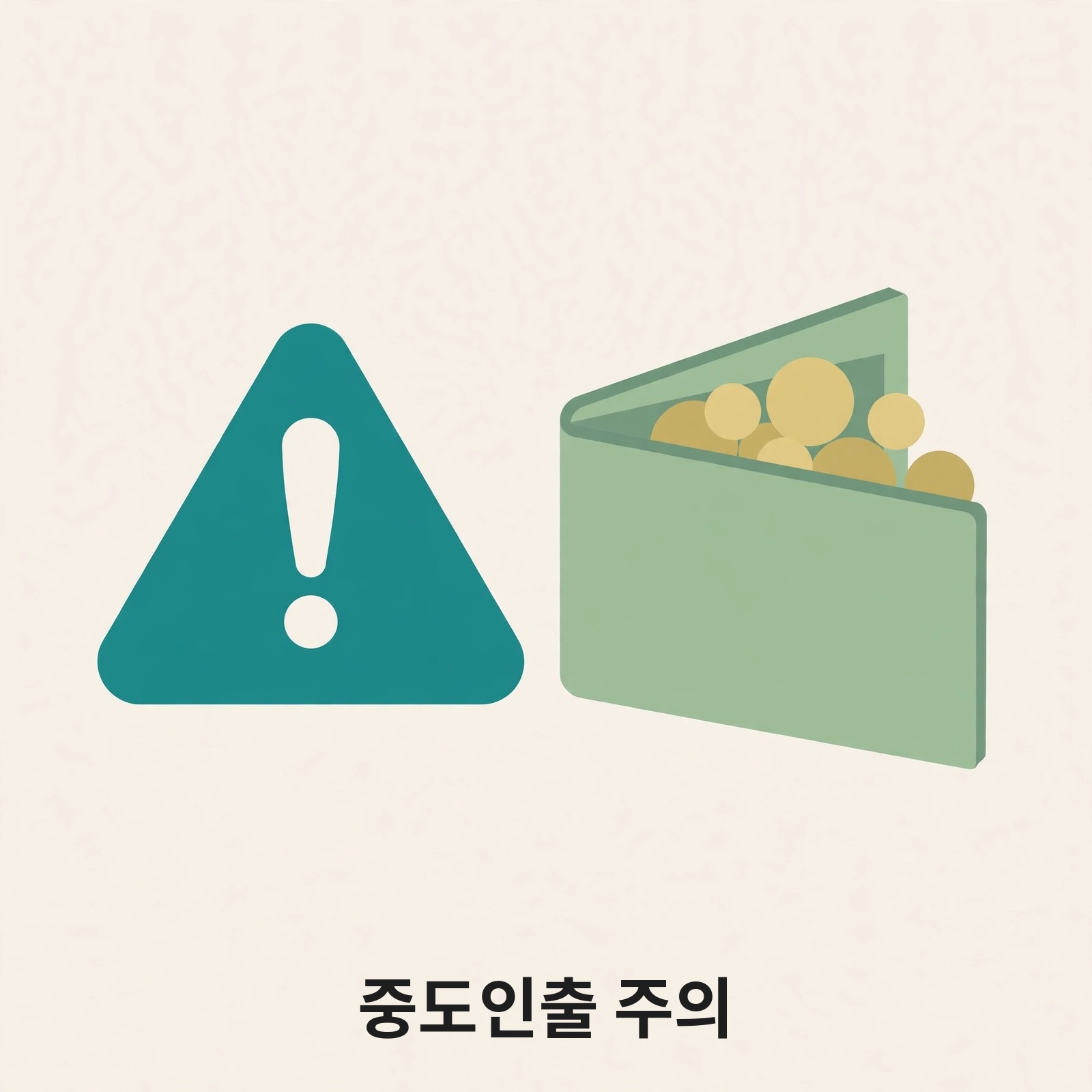 느낌표 경고 표시와 지갑, 동전으로 중도인출 주의를 나타내는 그림
