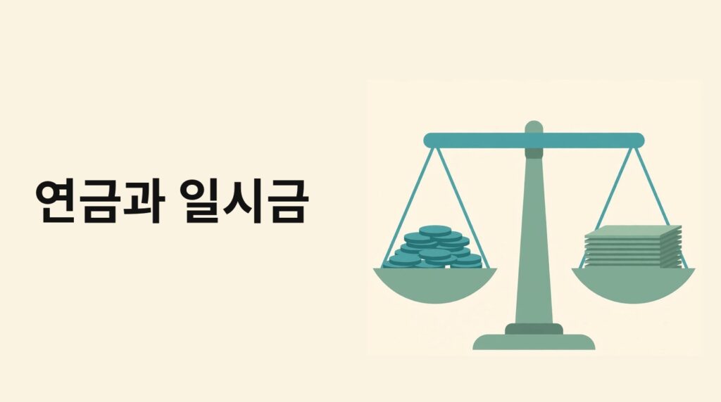 저울과 동전으로 연금과 일시금 비교를 나타내는 그림